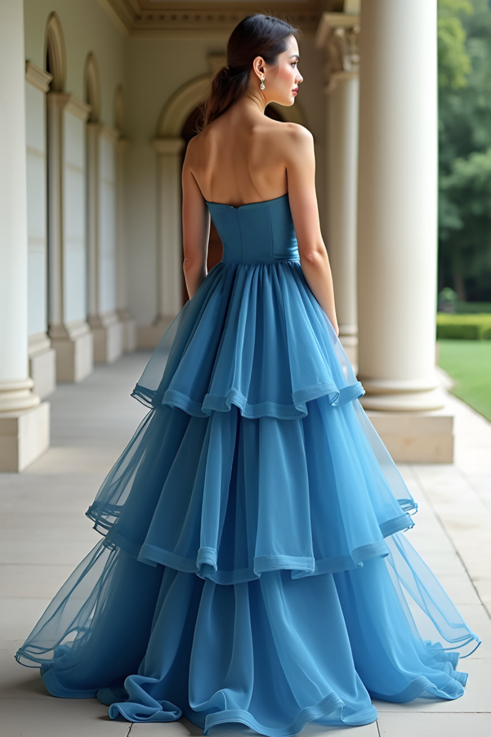 A Line Strapless Blue Tiered Organza Long Prom Dress