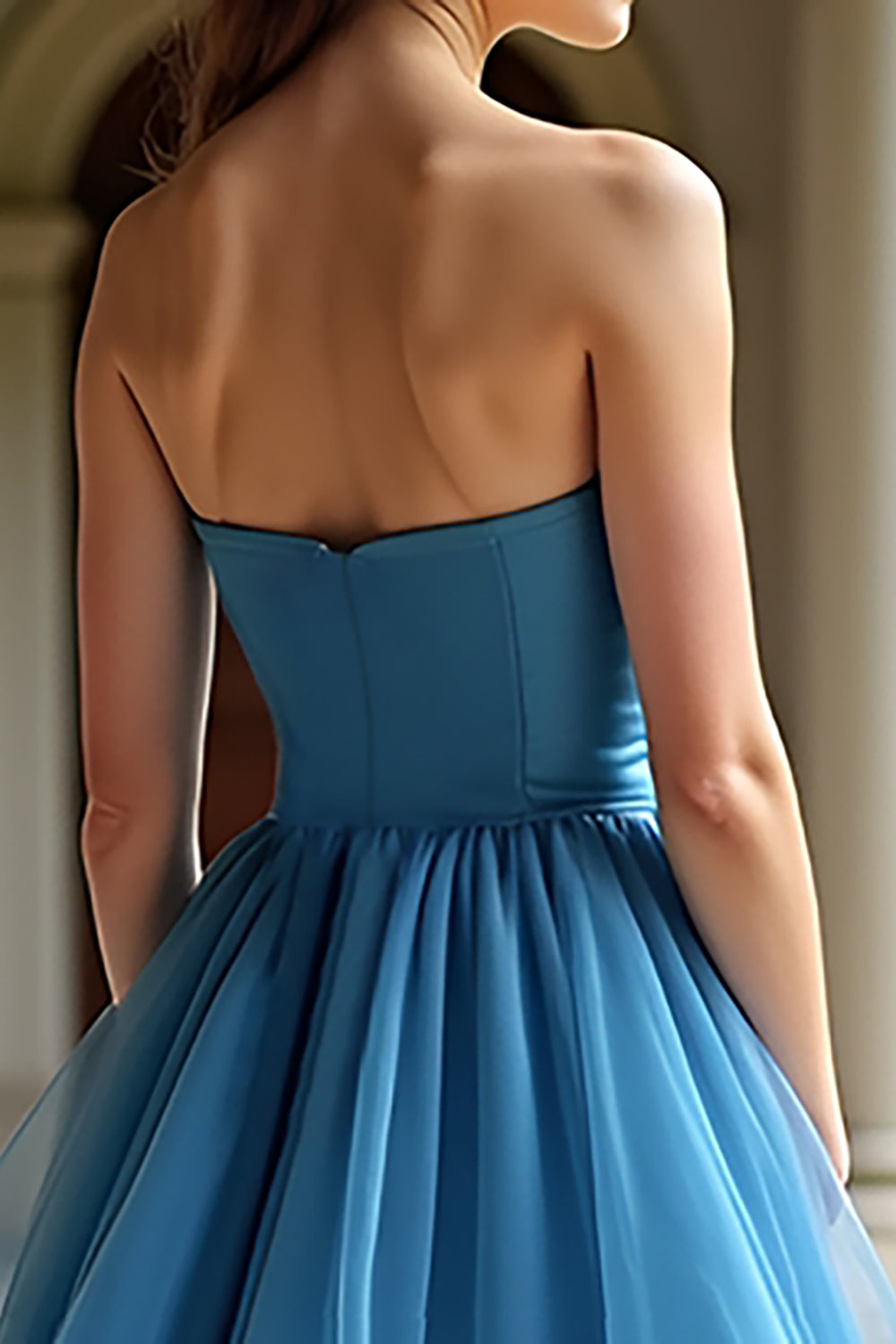 A Line Strapless Blue Tiered Organza Long Prom Dress