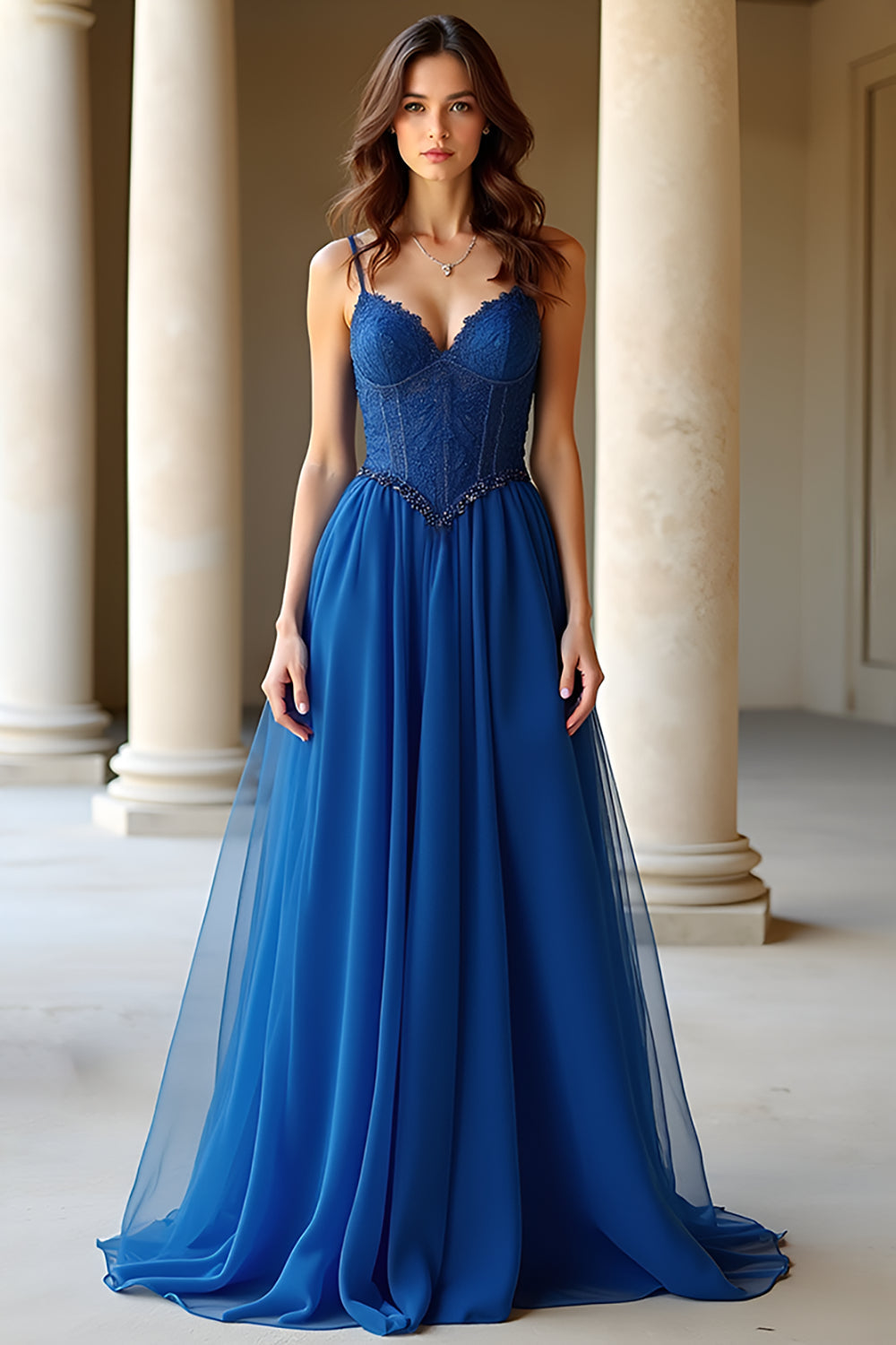 Dark Blue A Line Spaghetti Straps Organza Long Prom Dress