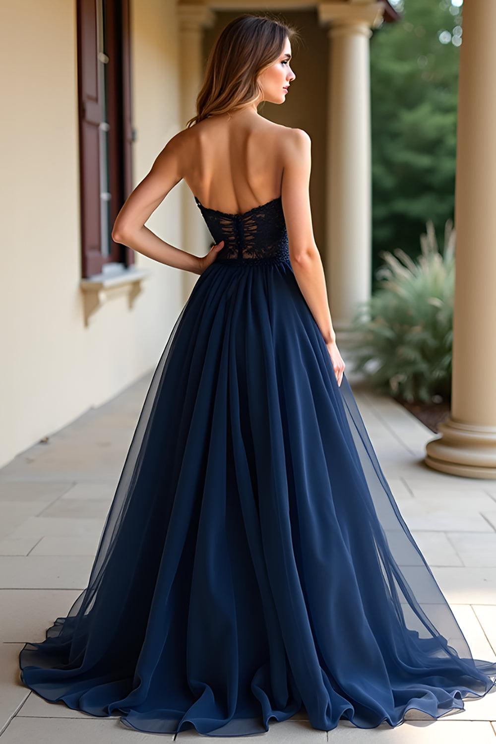 A Line Navy Strapless Lace Long Prom Dress