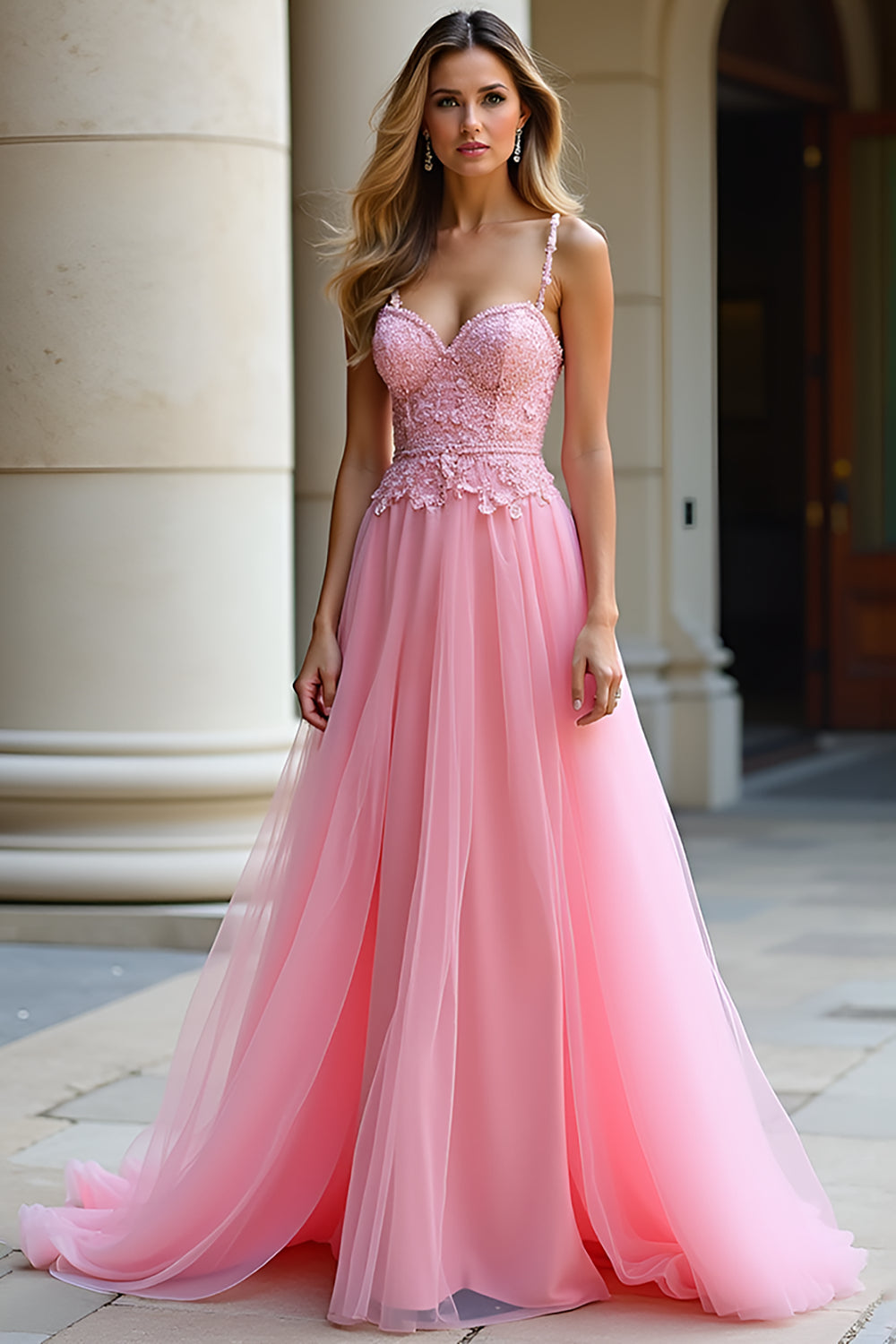 A Line Spaghetti Straps Pink Lace Long Prom Dress