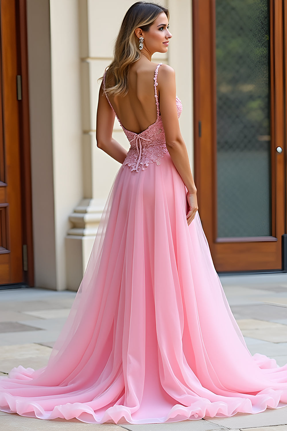 A Line Spaghetti Straps Pink Lace Long Prom Dress