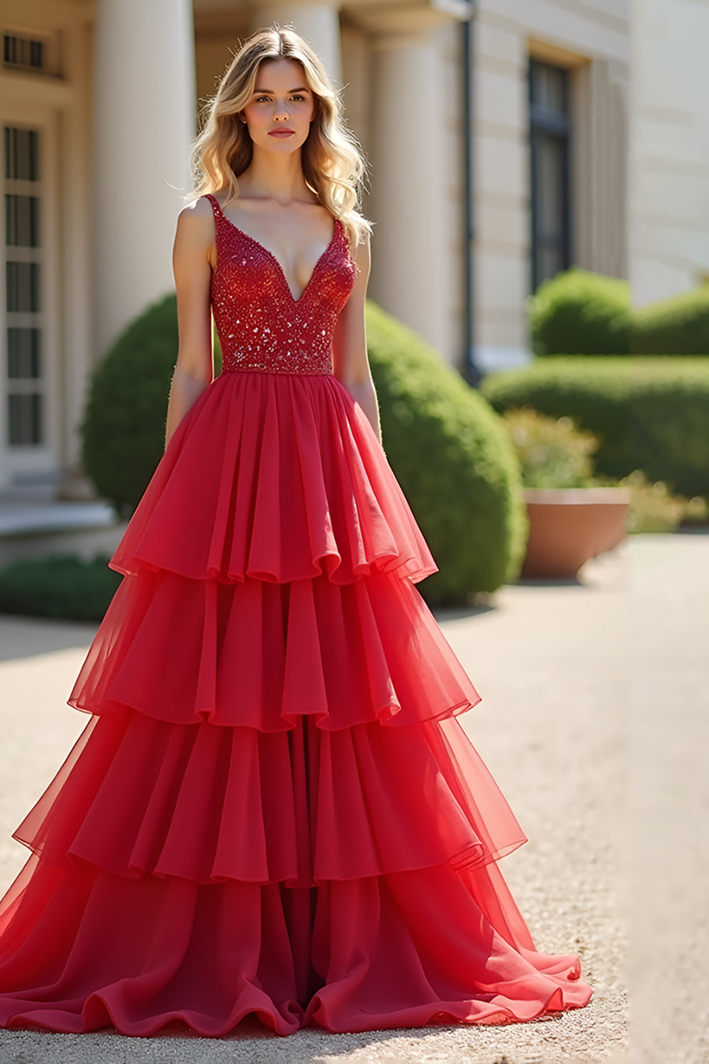 Sparkly Red Ball Gown Deep V Ruffles Tulle Long Prom Dress with Beaded