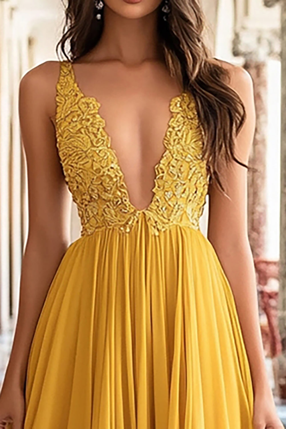 Yellow A-Line Deep V Neck Tulle Long Prom Dress with Appliques