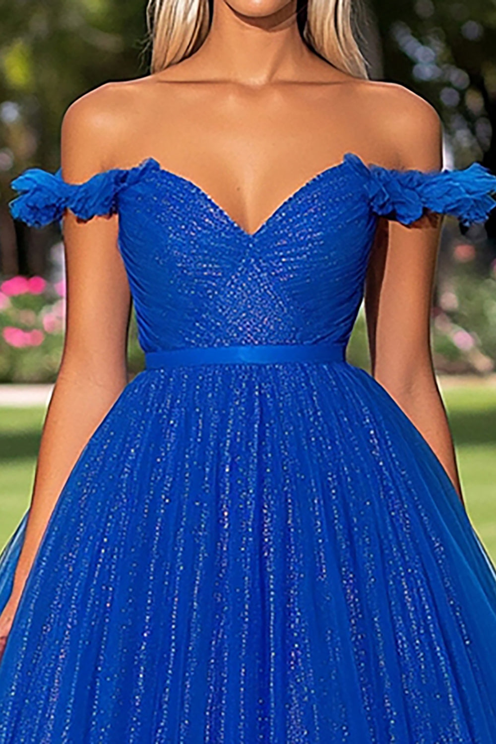 Sparkly Royal Blue Off the Shoulder Tulle Ball Gown