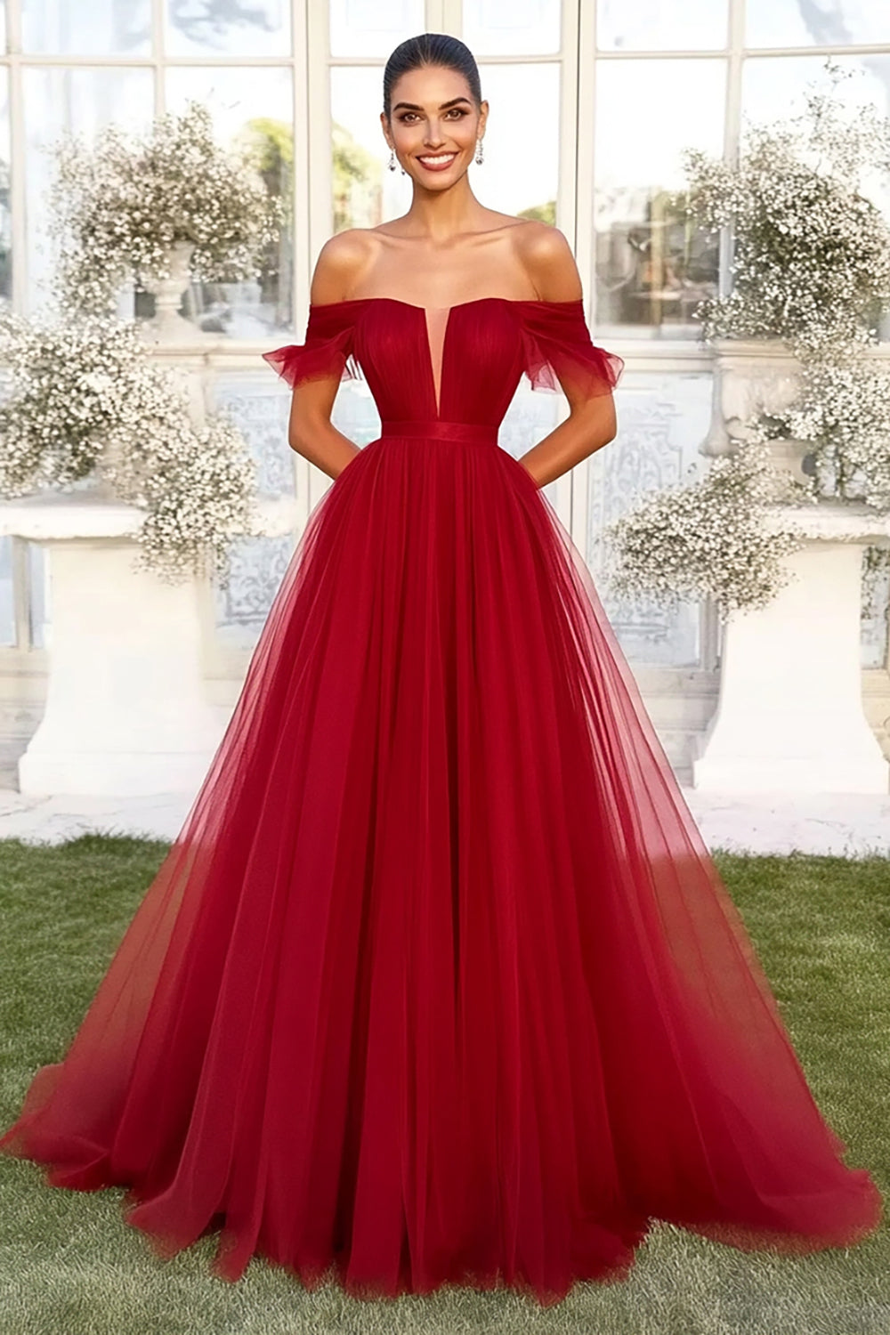 Red A-Line Off the Shoulder Tulle Prom Dress