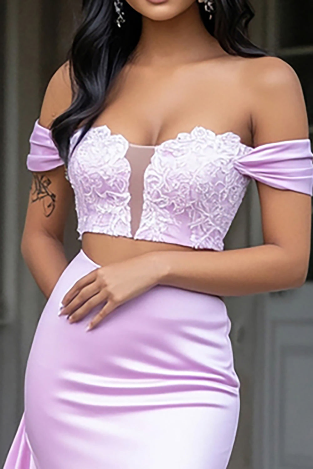 Lilac Mermaid Off the Shoulder Satin Long Prom Dress with Lace