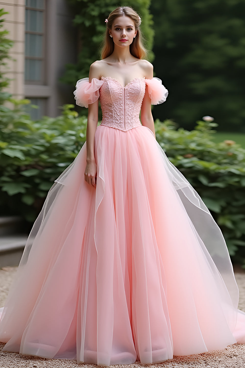 Pink Ball Gown Off the Shoulder Ruffles Tulle Long Prom Dress