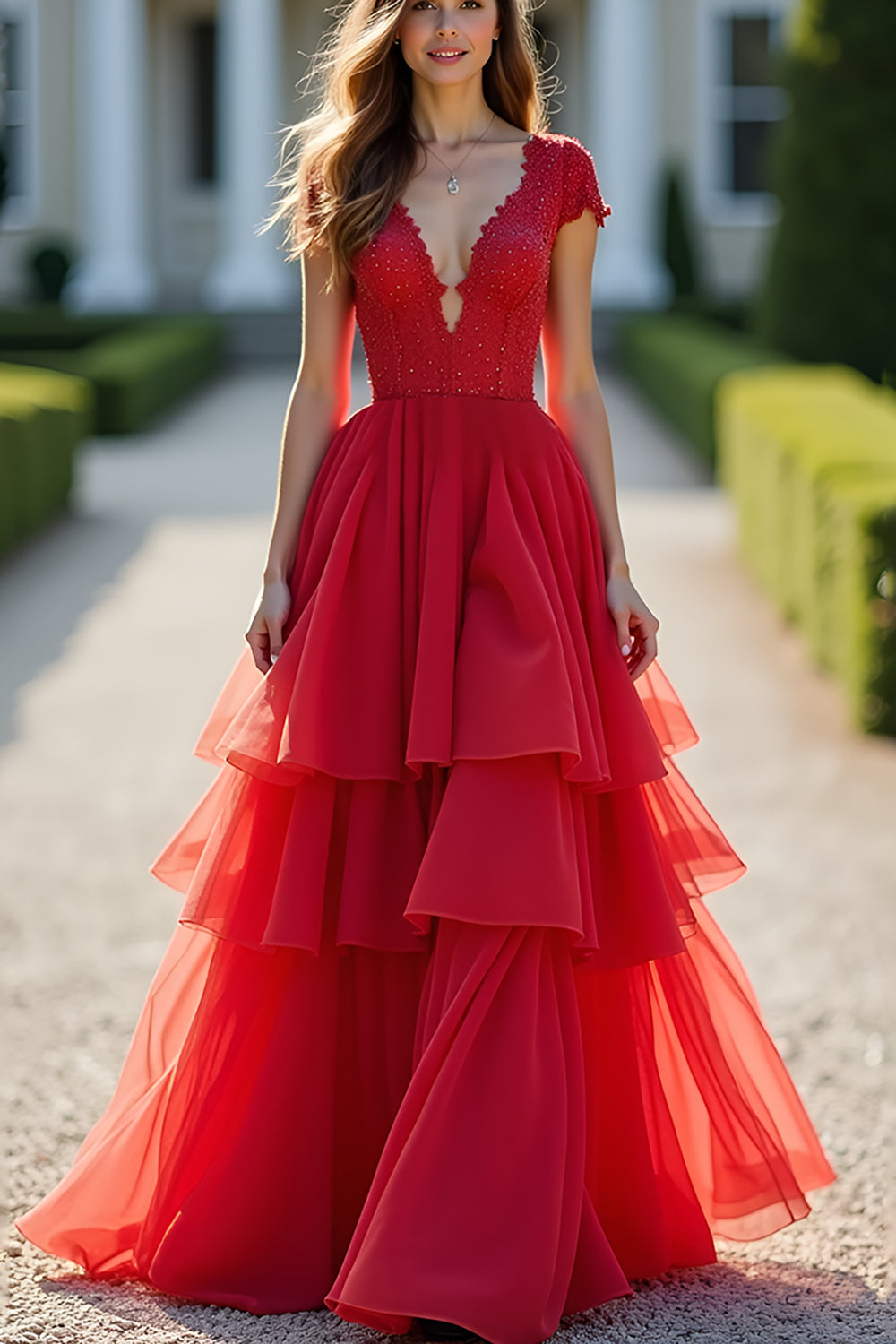 Sparkly Red A-Line Deep V Neck Ruffles Ball Gown with Beaded