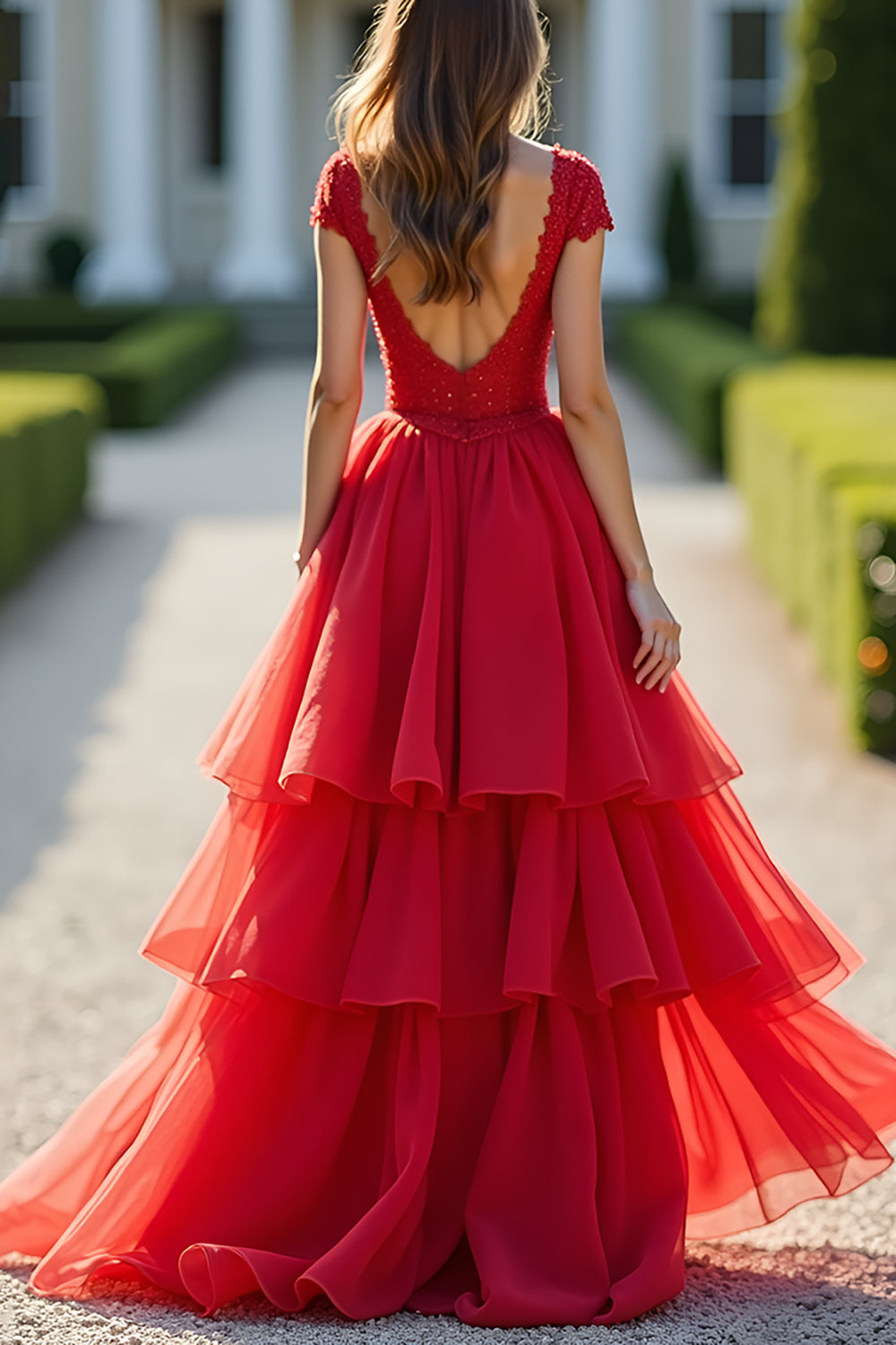 Sparkly Red A-Line Deep V Neck Ruffles Ball Gown with Beaded