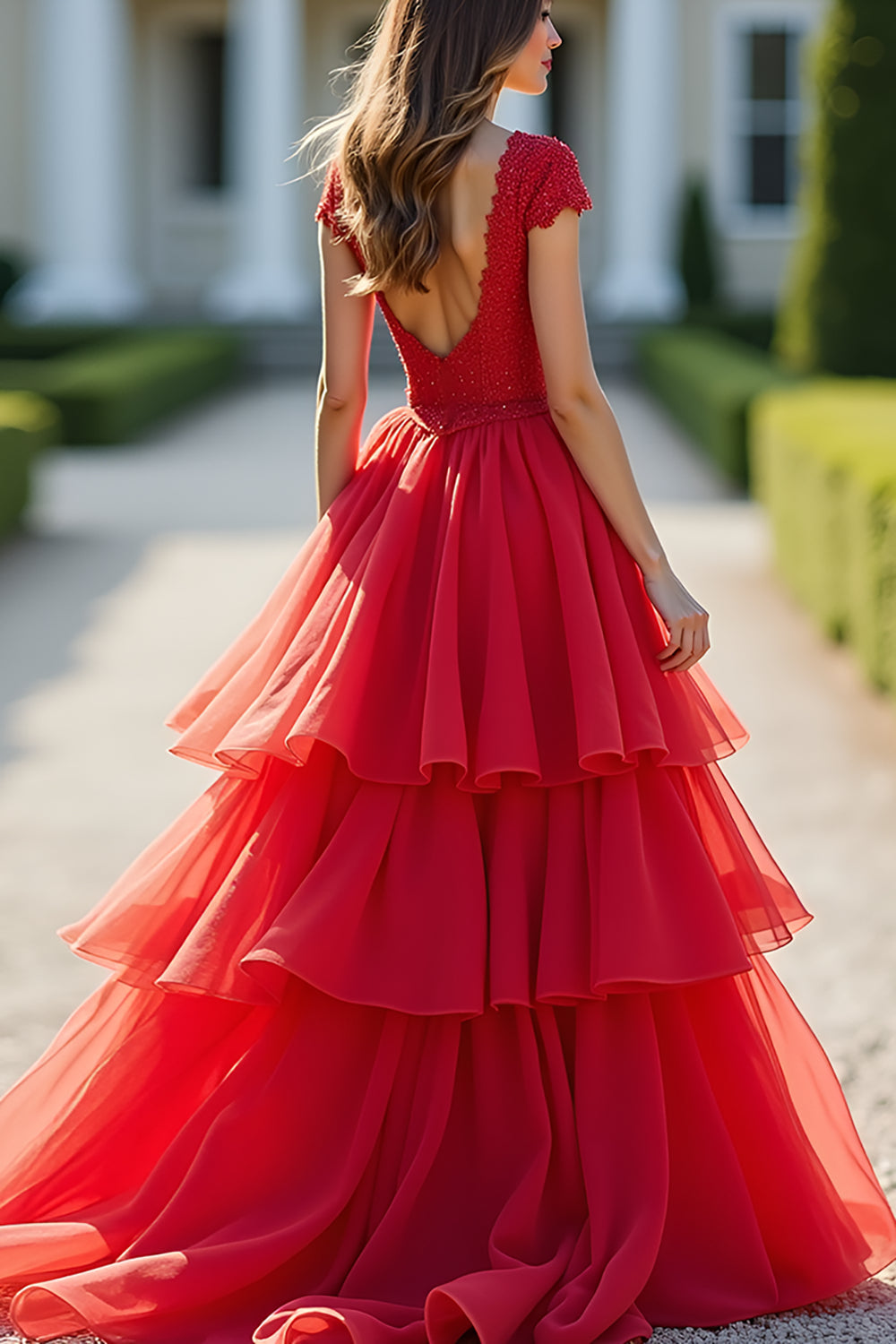 Sparkly Red A-Line Deep V Neck Ruffles Ball Gown with Beaded