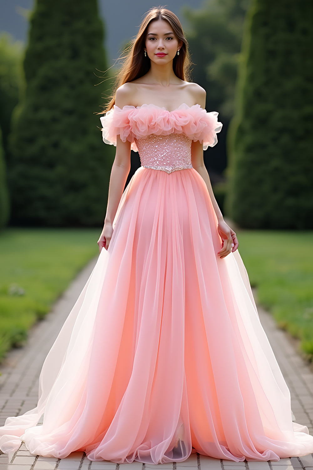 Princess Pink Ball Gown Ruffled Off the Shoulder Tulle Long Prom Dress with Beading