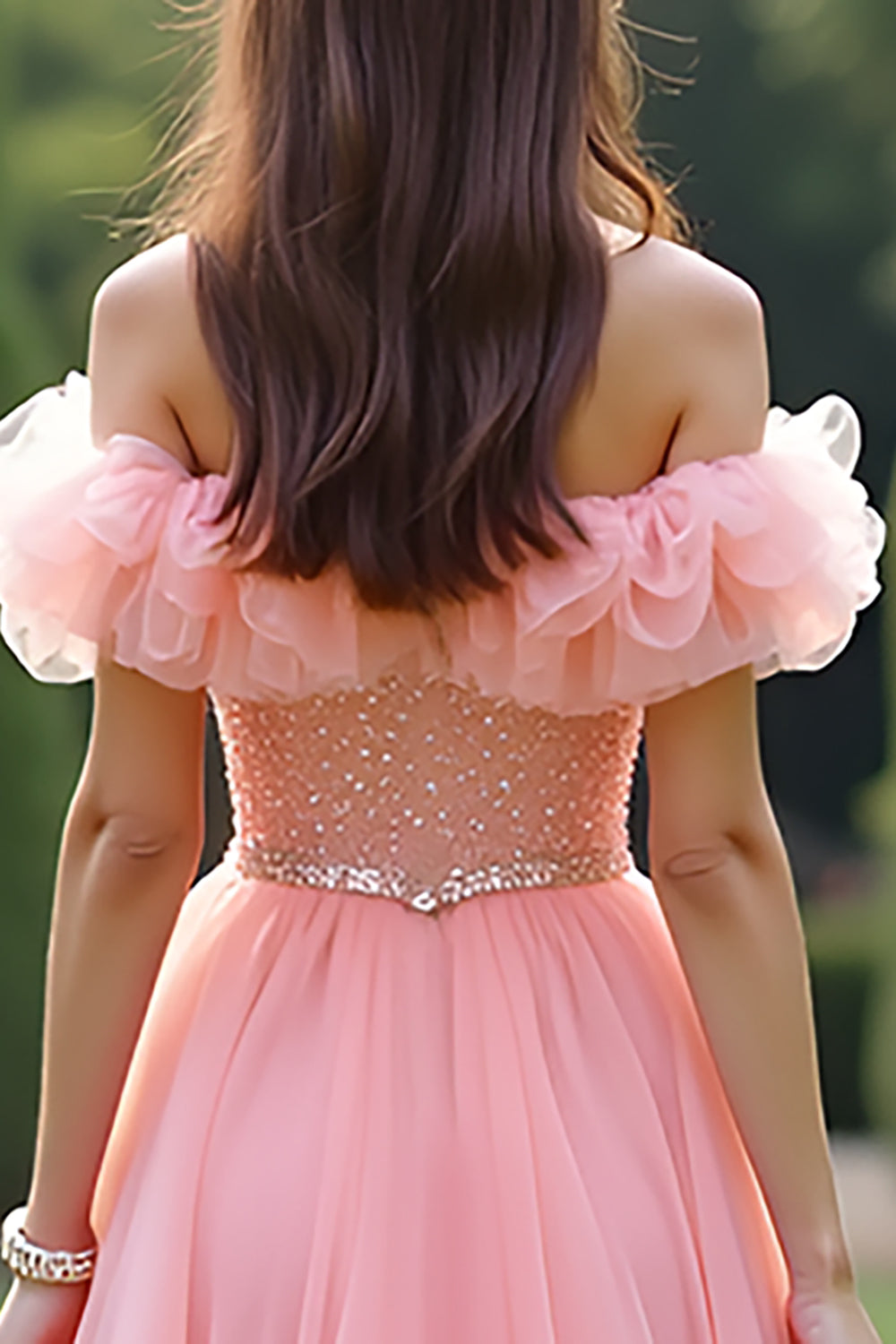 Princess Pink Ball Gown Ruffled Off the Shoulder Tulle Long Prom Dress with Beading