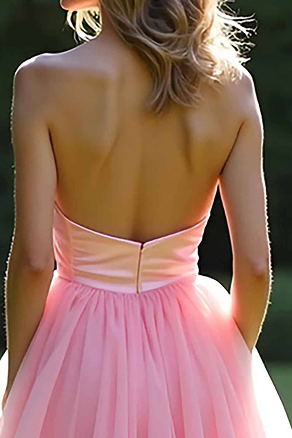 Pink A-Line Strapless Ruffles Tulle Ball Gown