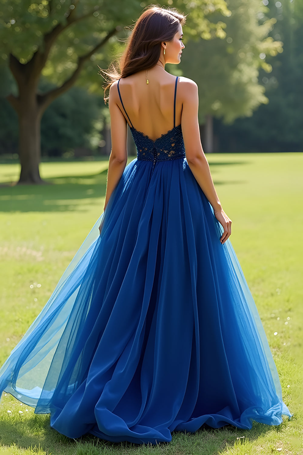 Navy Spaghetti Straps Tulle A-Line Long Prom Dress with Appliques