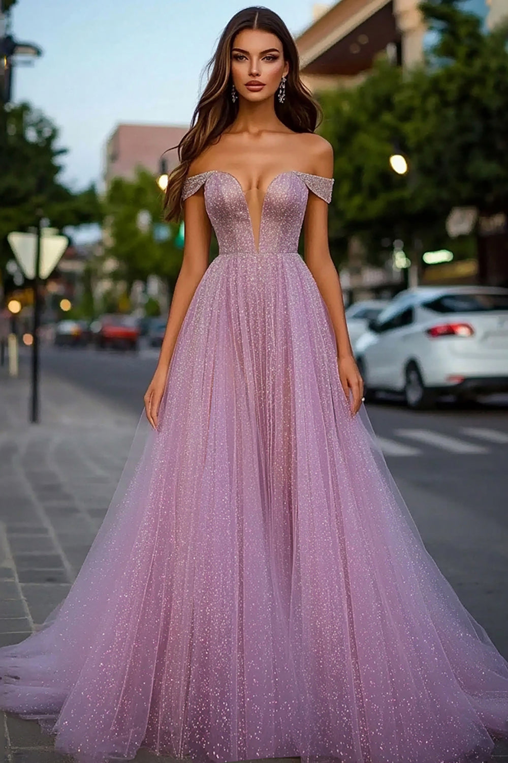 Dusty Rose Glitter Off the Shoulder A-Line Long Prom Dress