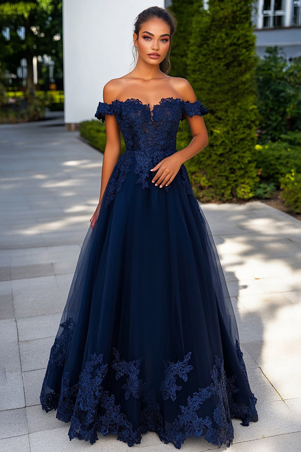 Navy Tulle Off the Shoulder A-Line Long Prom Dress with Appliques