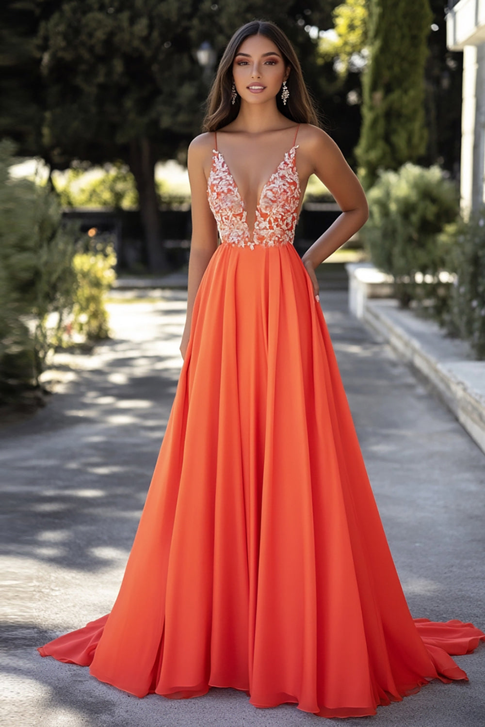 Orange Chiffon Spaghetti Straps A-Line Long Prom Dress with Lace Appliques