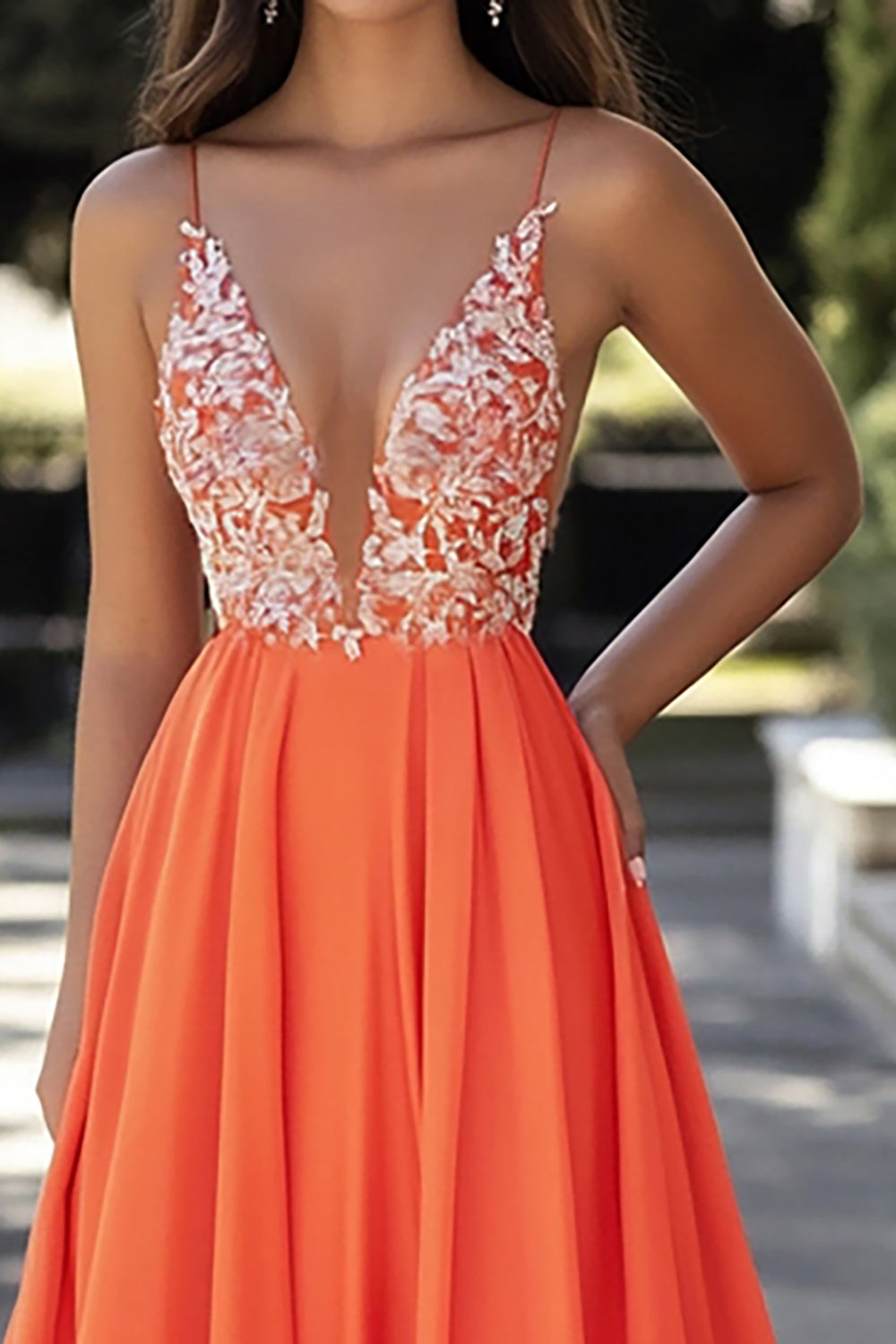 Orange Chiffon Spaghetti Straps A-Line Long Prom Dress with Lace Appliques