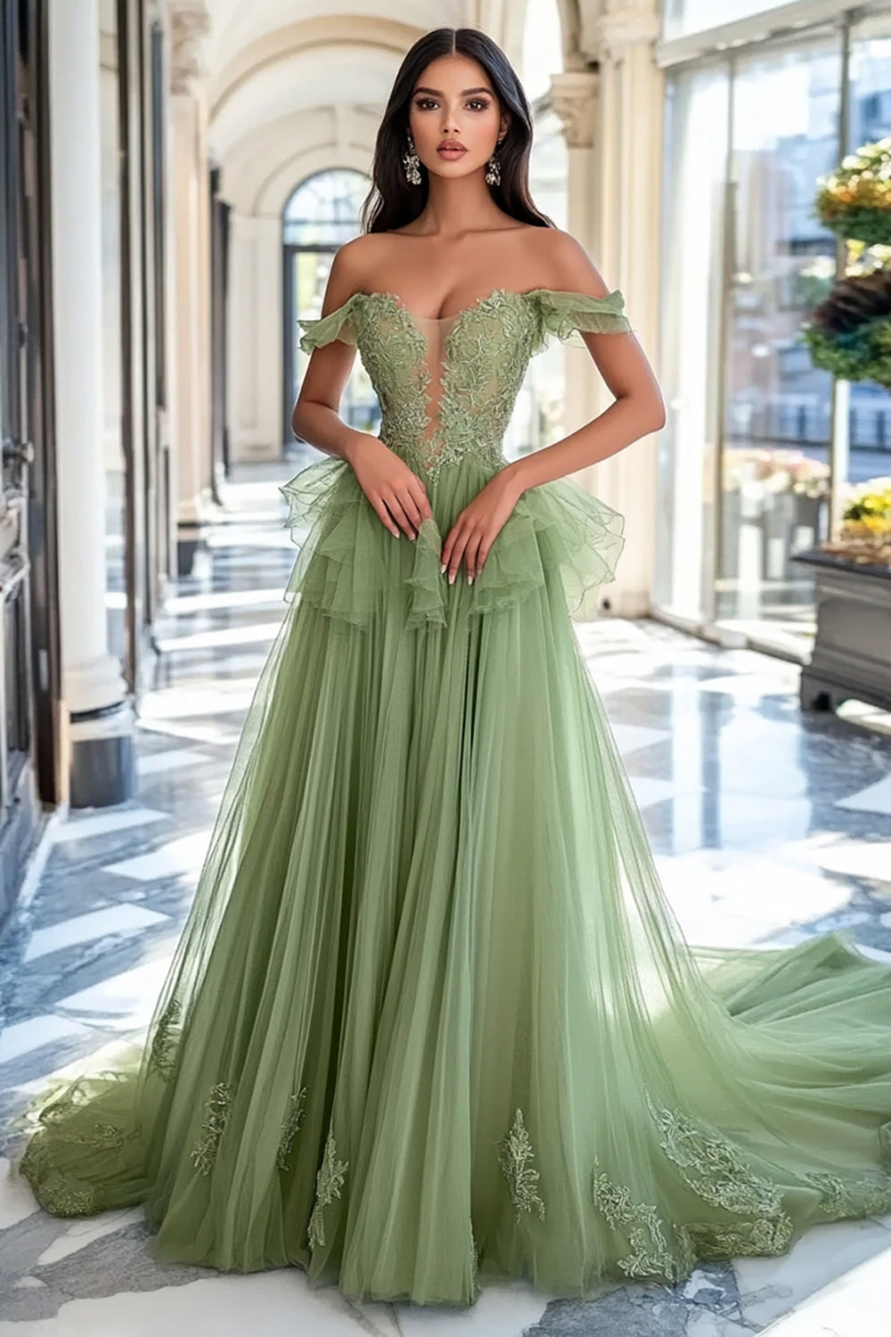 Dusty Sage Tulle Off the Shoulder A-Line Long Prom Dress with Lace Appliques