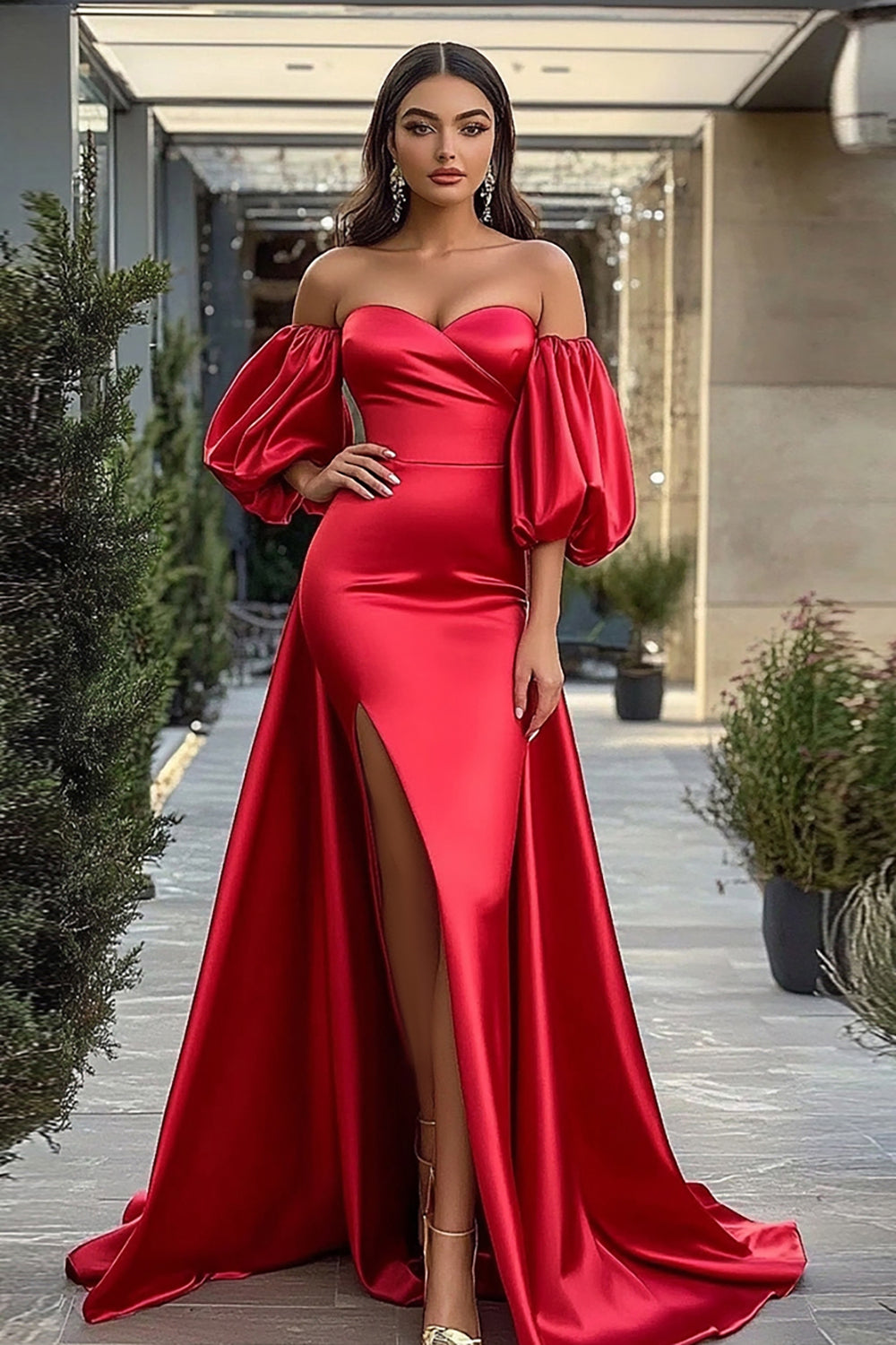 Red Satin A-Line Long Prom Dress with Slit