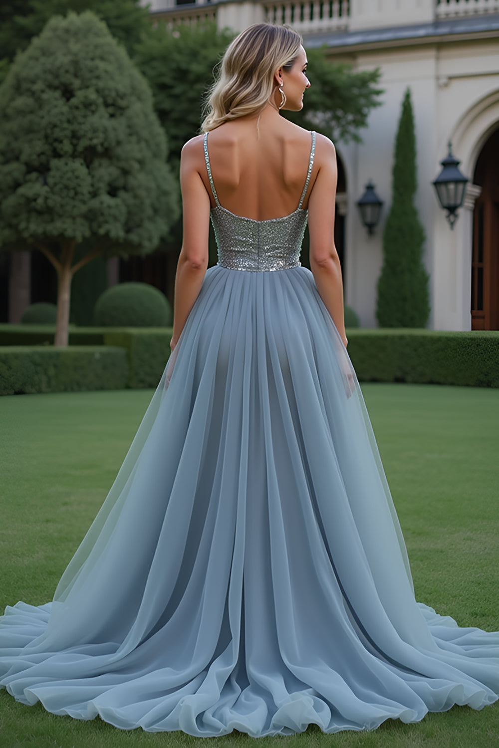 Grey Blue Tulle Spaghetti Straps A-Line Long Prom Dress with Sequins