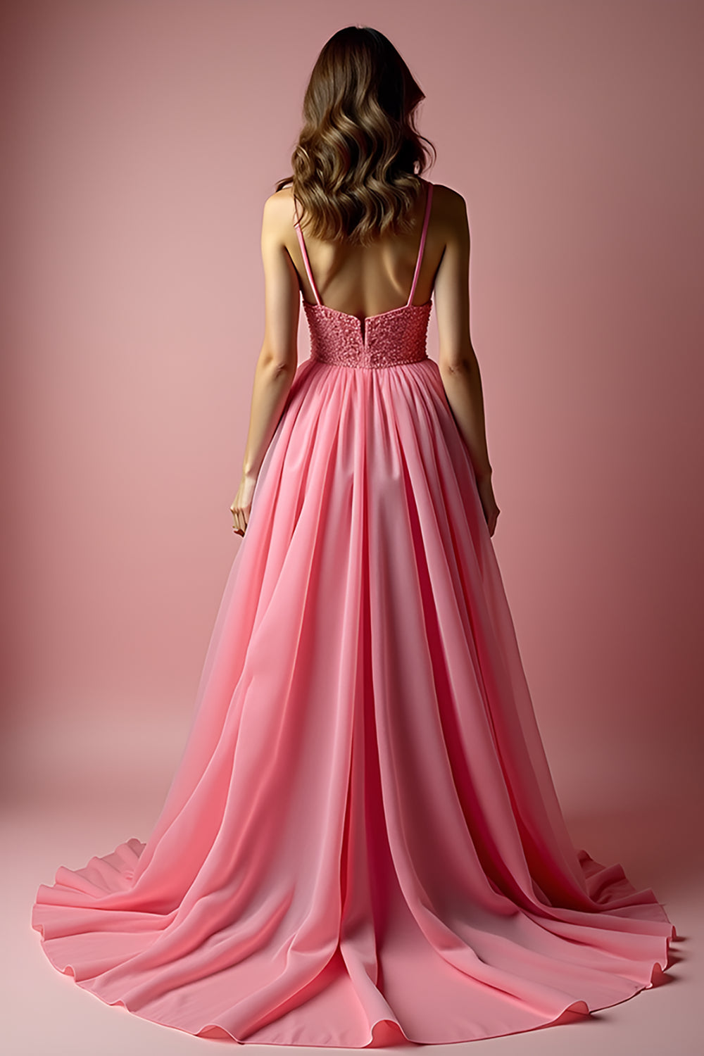 Sparkly Pink A Line Spaghetti Straps Sequined Long Prom Dress