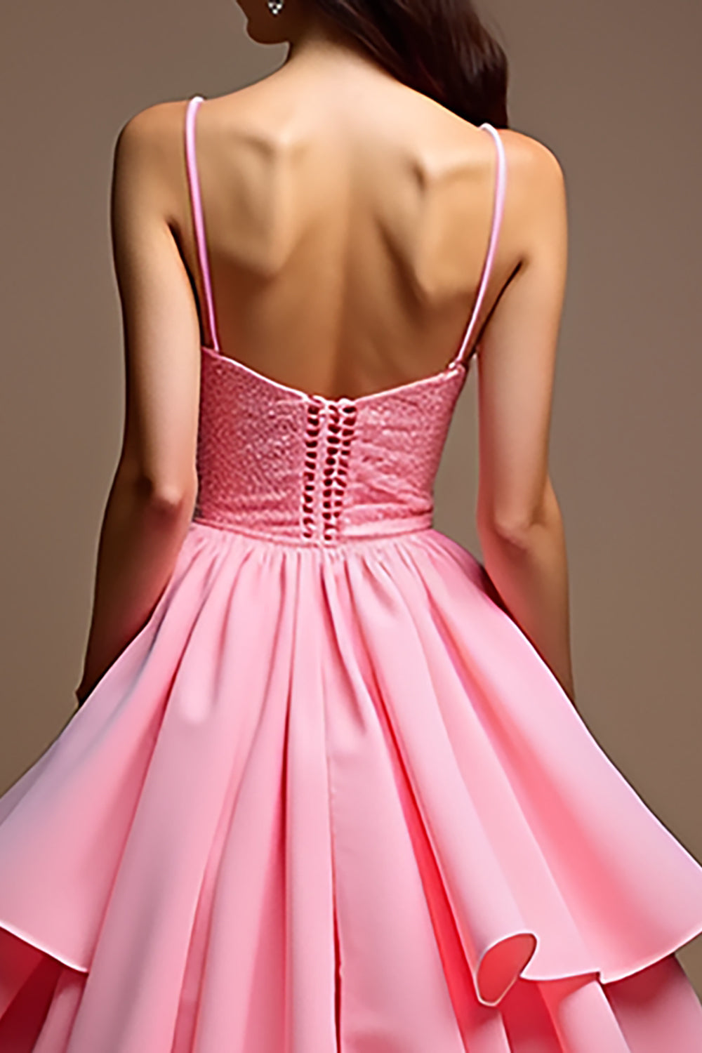 Sparkly Pink A Line Spaghetti Straps Sequined Corset Long Prom Dress With Ruffles