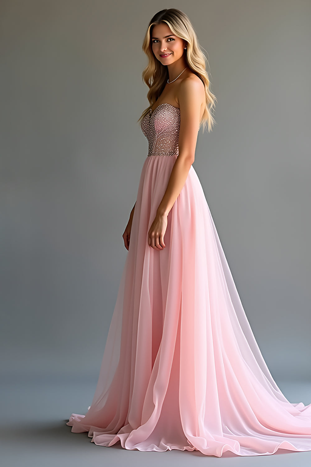 Sparkly Pink A Line Sweetheart Sequined Corset Long Prom Dress With Slit