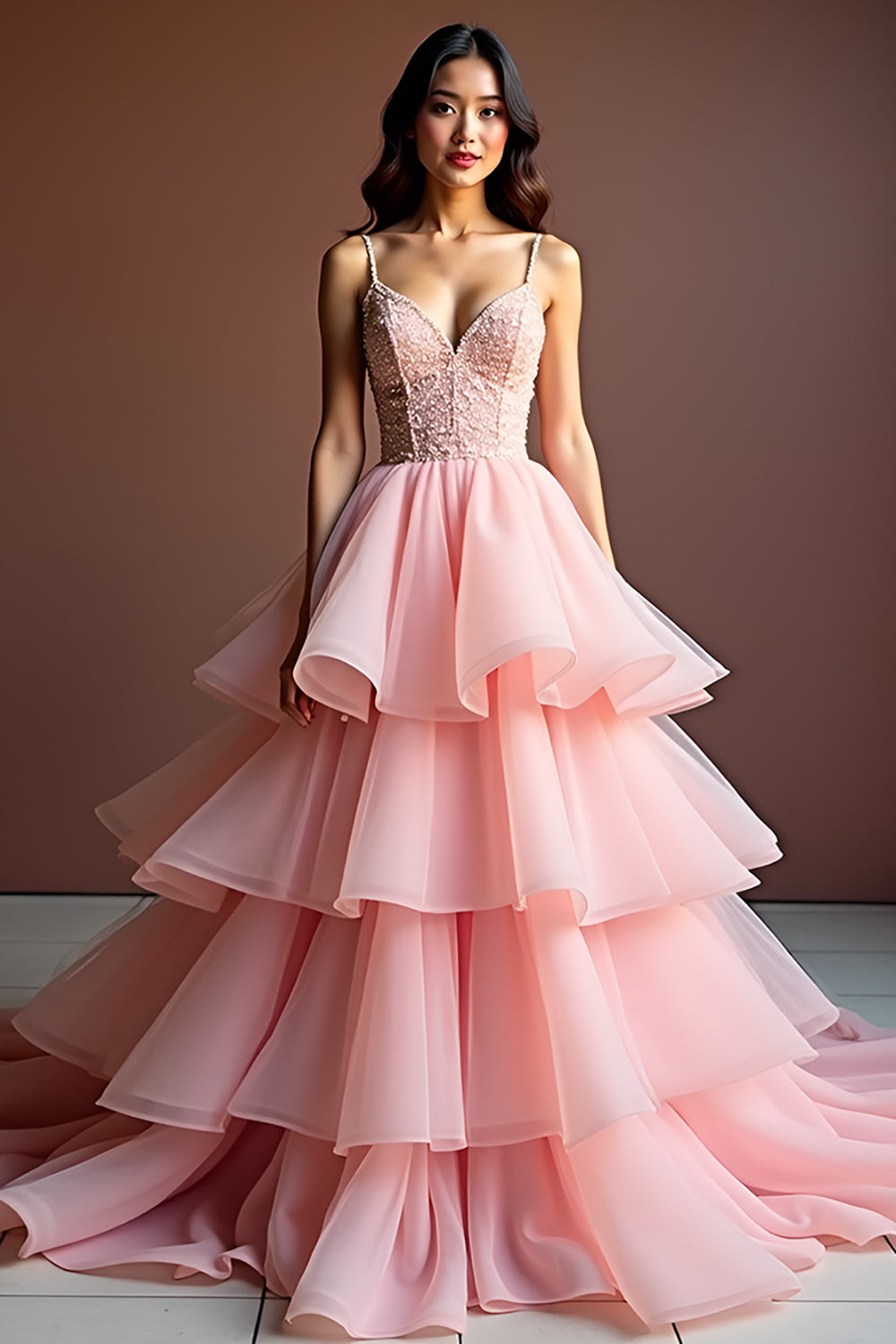 Sparkly Pink A Line Spaghetti Straps Corset Long Ruffles Prom Dress With Sequins