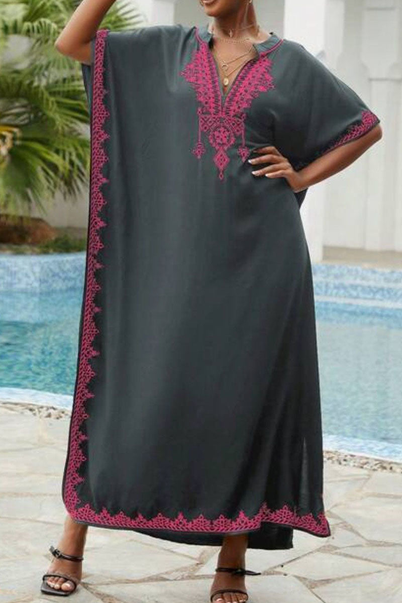 Beach Vacation Embroidered Stand Collar Cover Up Dress