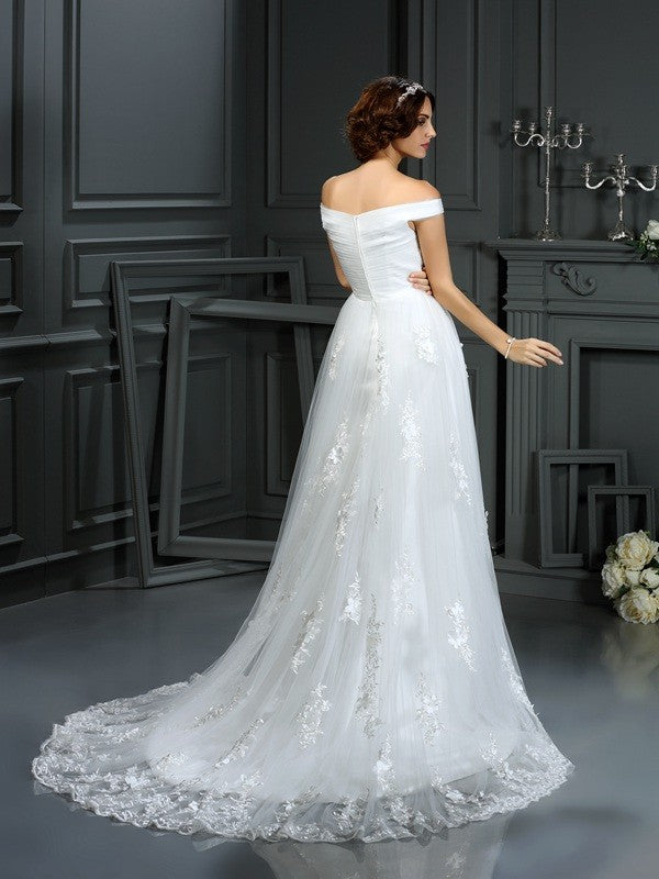 A-Line/Princess Off-the-Shoulder Applique Sleeveless Long Net Wedding Dresses