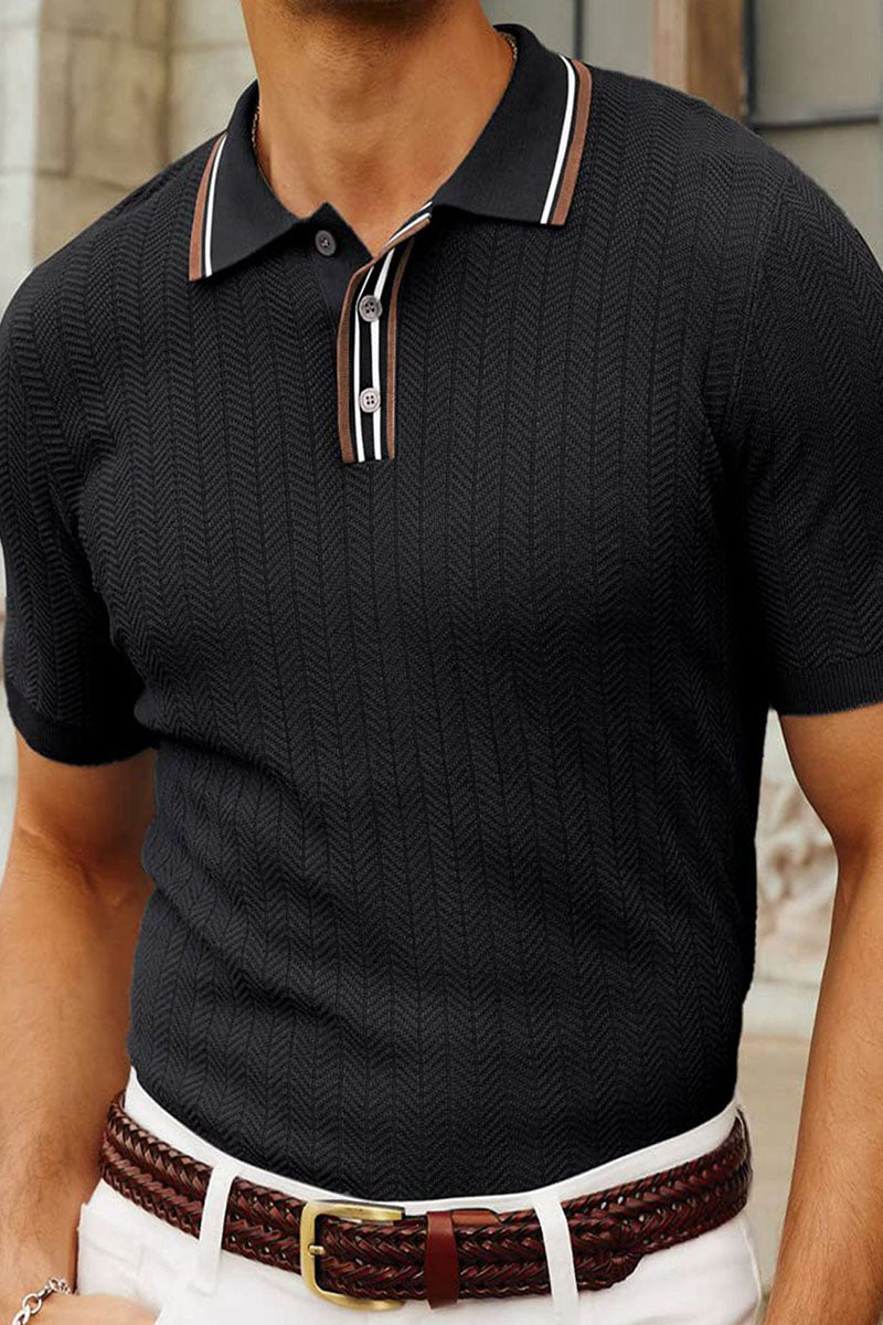 Summer Men's Business Figure 8 Textured Polo Collar Short Sleeve Sweater