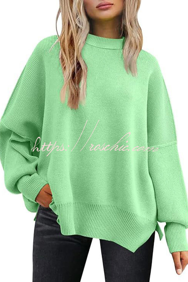 Distressed Knit Side Slit Long Sleeve Pullover Sweater