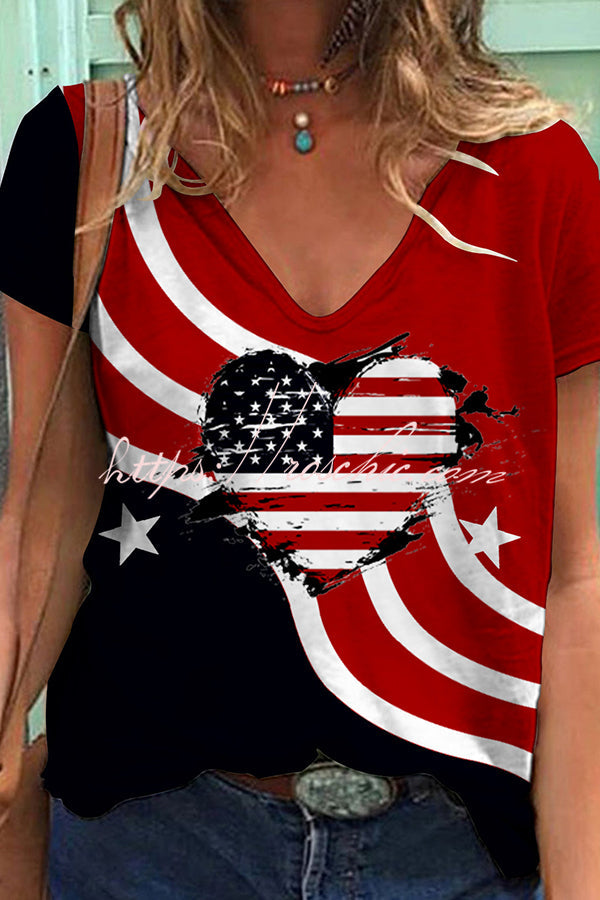 Independence Day Printed V Neck Short Sleeve T-Shirt