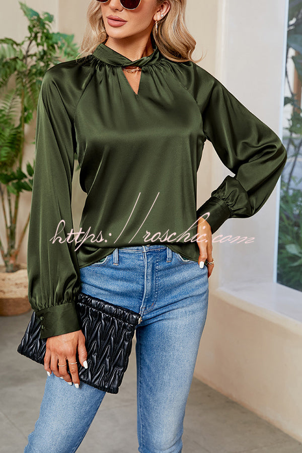 Vip Flight Plans Satin Twist Cut Out Neck Blouse