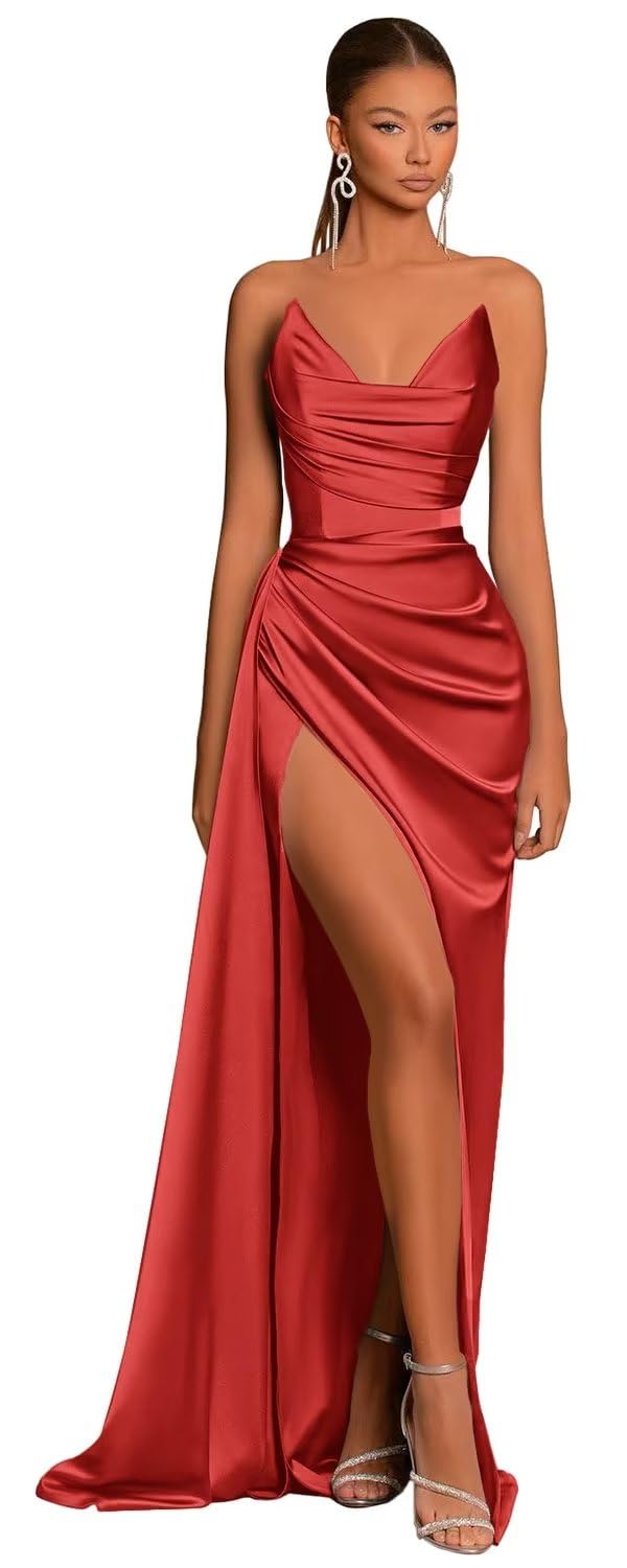 L1031 - Sheath/Column Strapless Satin Pleats Sleeveless Prom Dress - Fashionpara