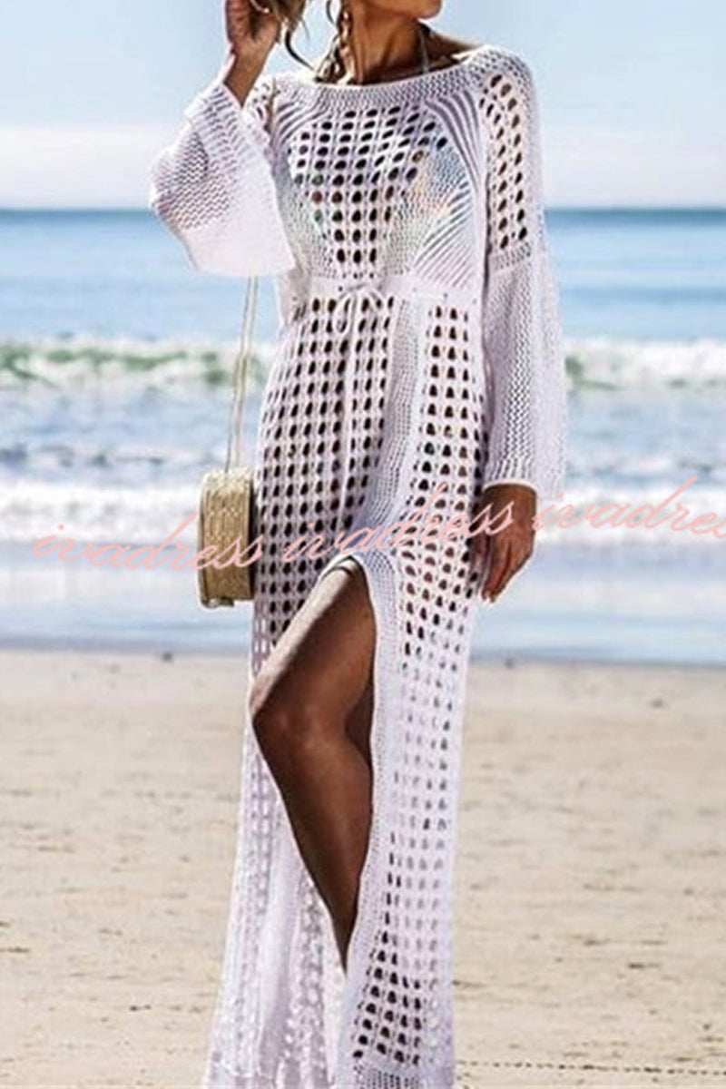 Flare Sleeve Knitted White Swimsuit Cover Up