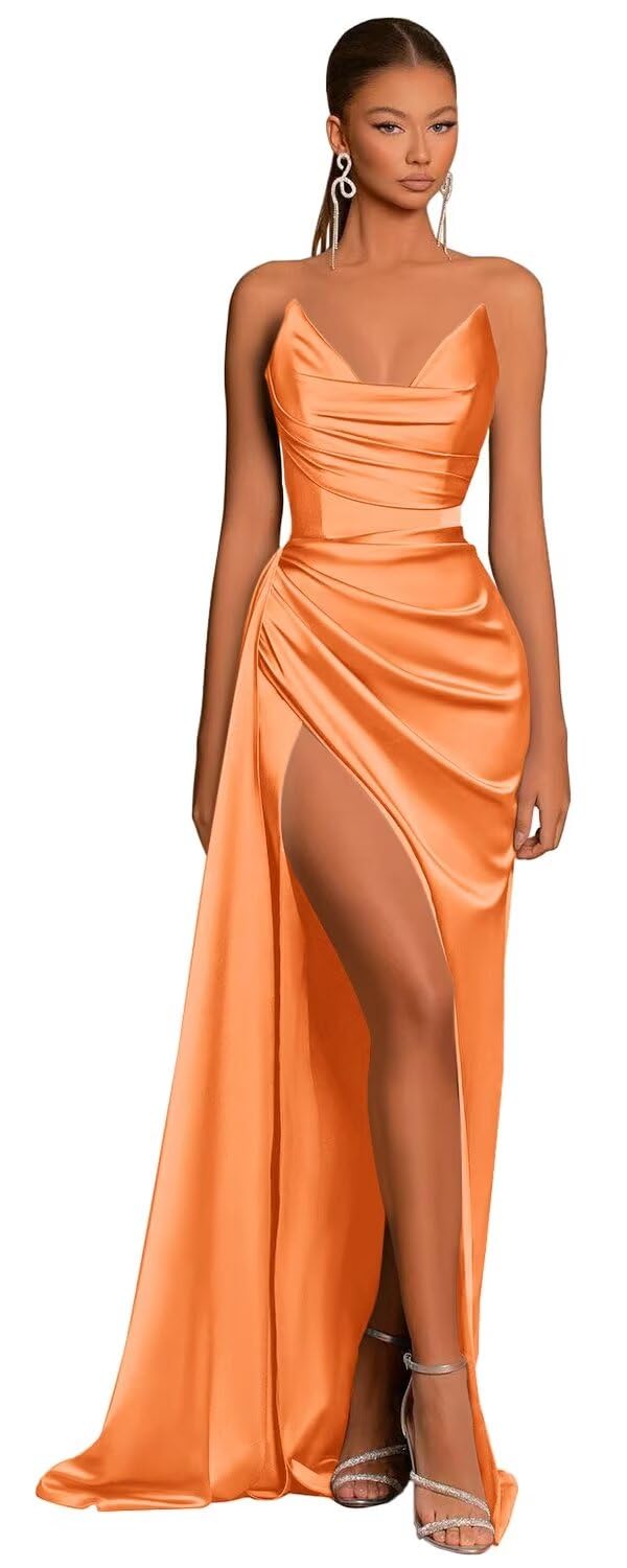 L1031 - Sheath/Column Strapless Satin Pleats Sleeveless Prom Dress - Fashionpara