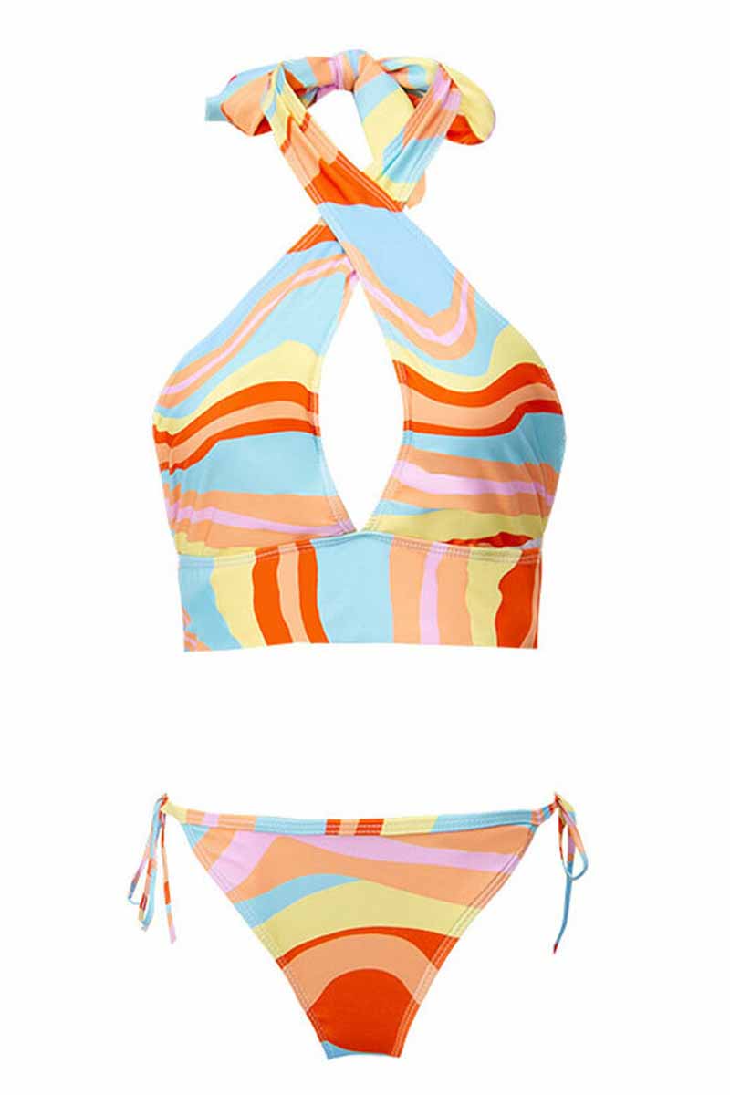 Colorful Striped Cutout Strap Halter Two Piece Swimsuit