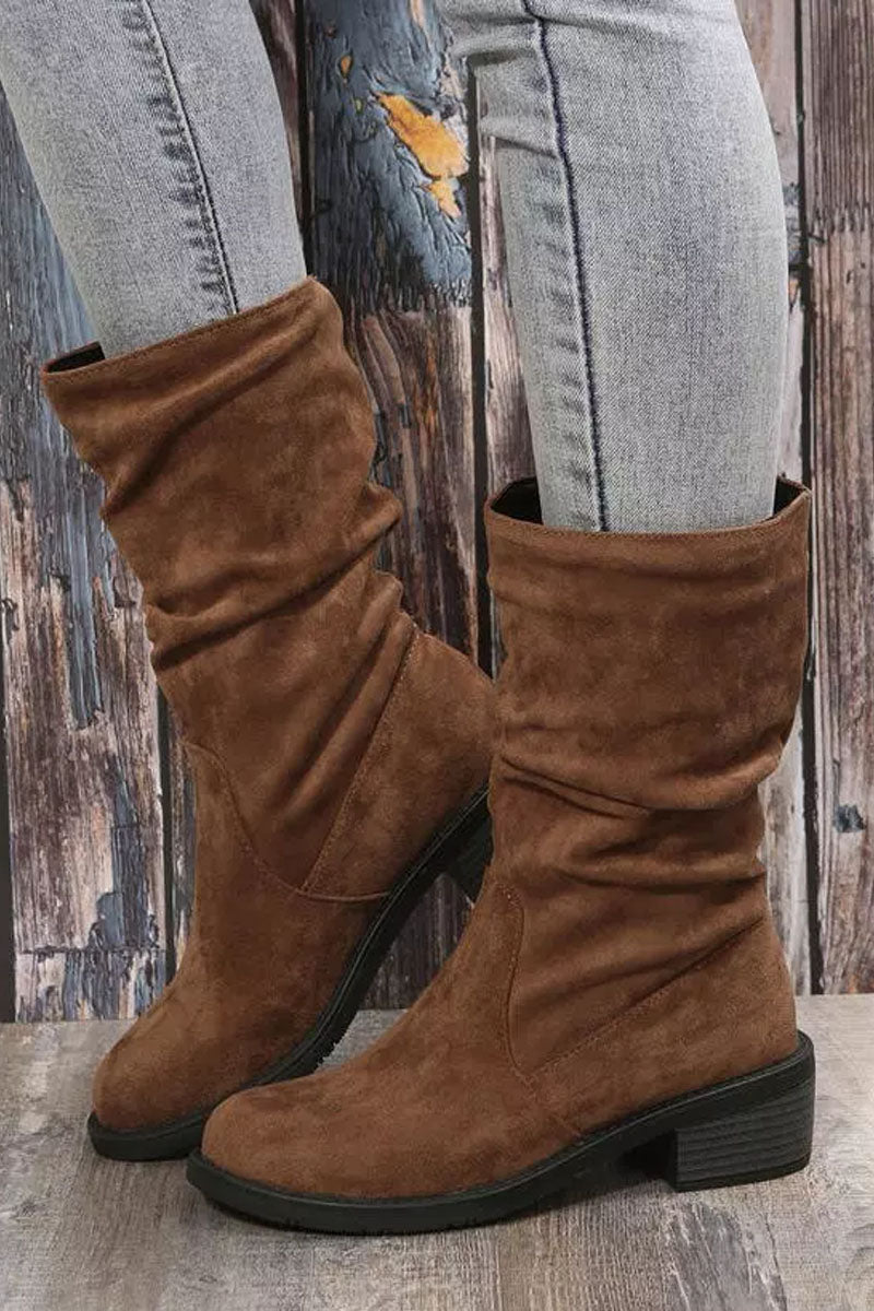 Ruched Suede Plain Square Heel Boots