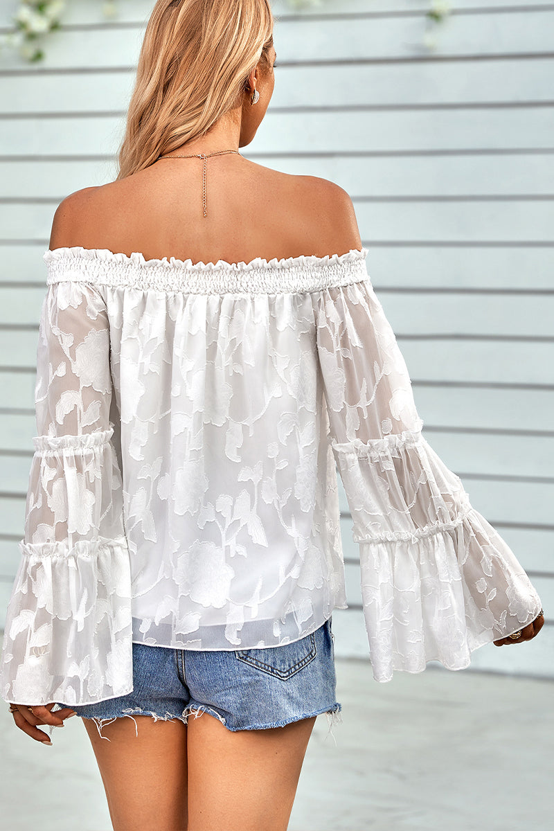 Off Shoulder Neck Long Sleeve Chiffon Top