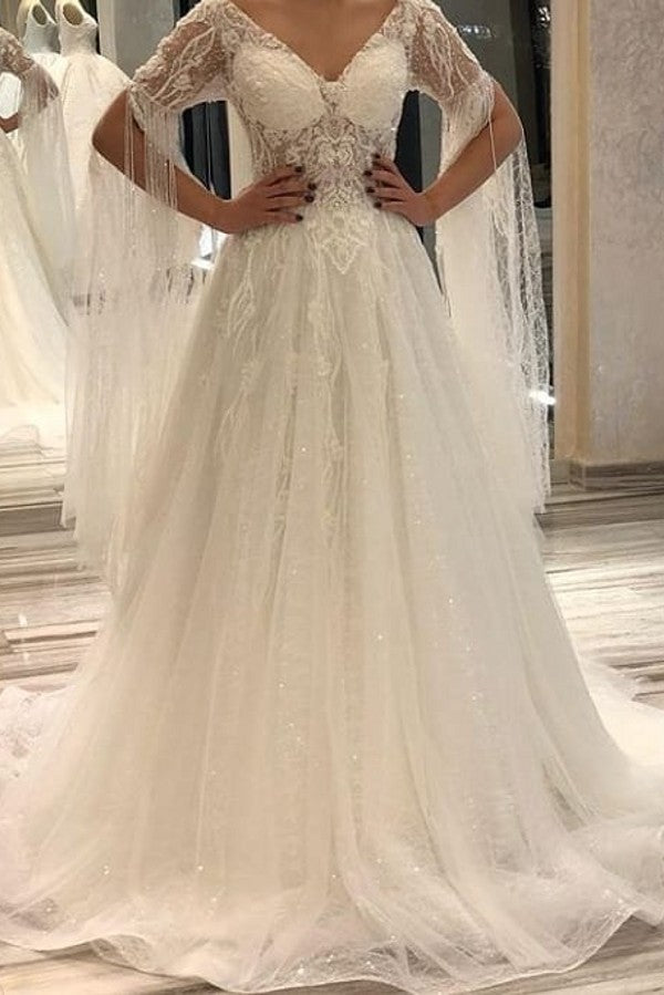 A-Line Deep V-Neck Short Sleeve Backless Floor-Length Bridal Gown with Pearl Lace Appliques