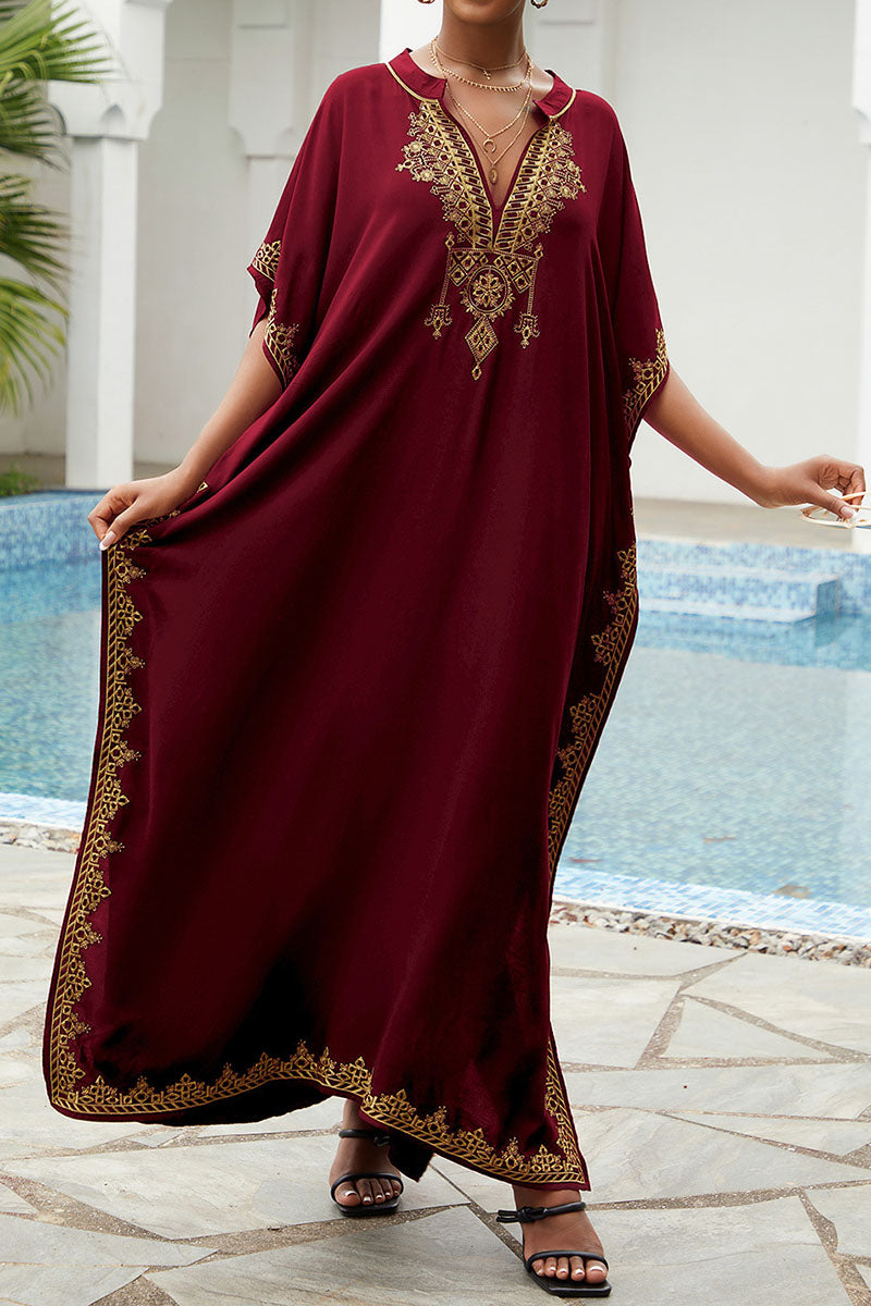 Beach Vacation Embroidered Stand Collar Cover Up Dress