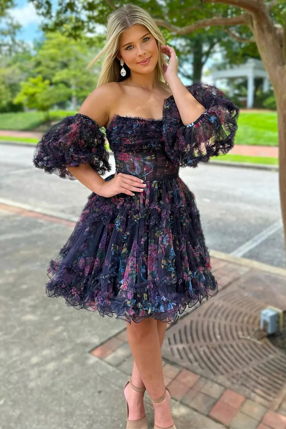 Blue Puff-Sleeved Ruffled A-Line Printed Homecoming Dress