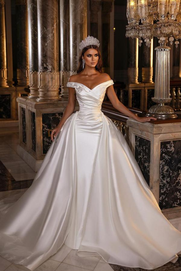 A-Line Off-the-Shoulder Sweetheart Backless Satin Bridal Gown with Ruffles and Appliques