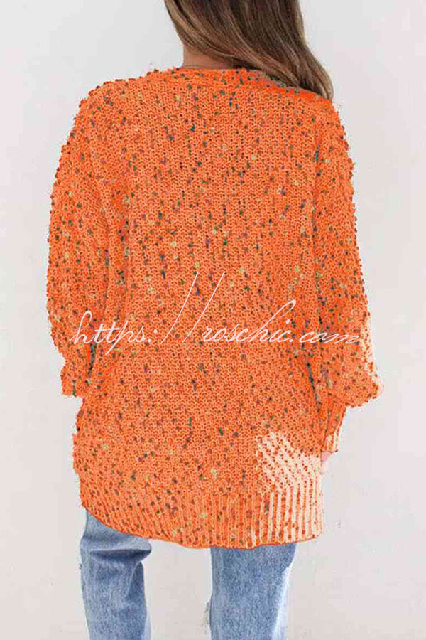 Aminga Colorful Spotted Pocket Crochet Long Sleeved Cardigan