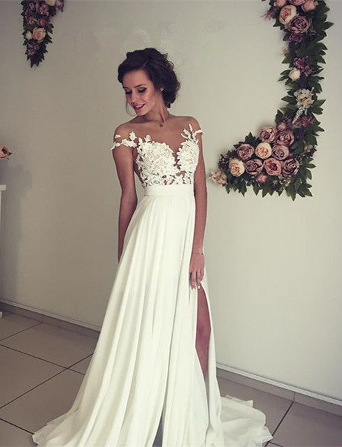 A-Line Chiffon Bridal Gown With Lace Ruffles Side Slit and Appliques