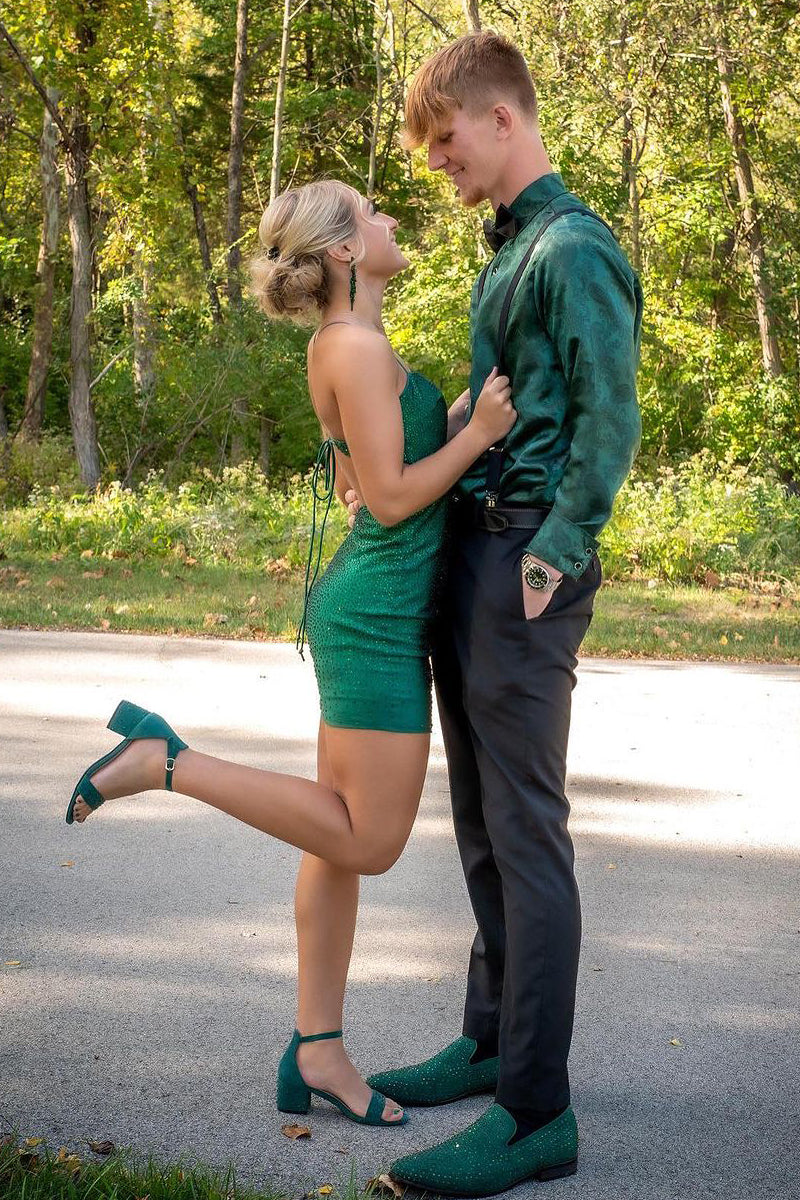 Dark Green Spaghetti Strap Short Homecoming Dress with Beading