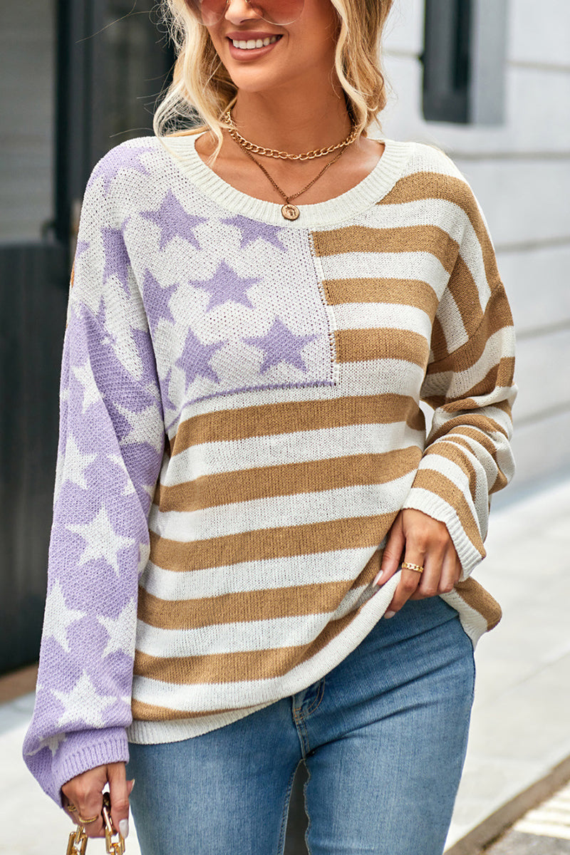 Stars and Stripes Color Block Round Neck Sweater